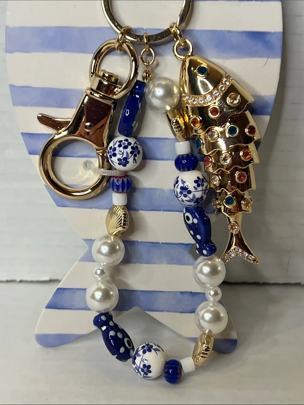 Piper K Costal Gold Beaded Fish Blue White Bag Charm Key Chain New